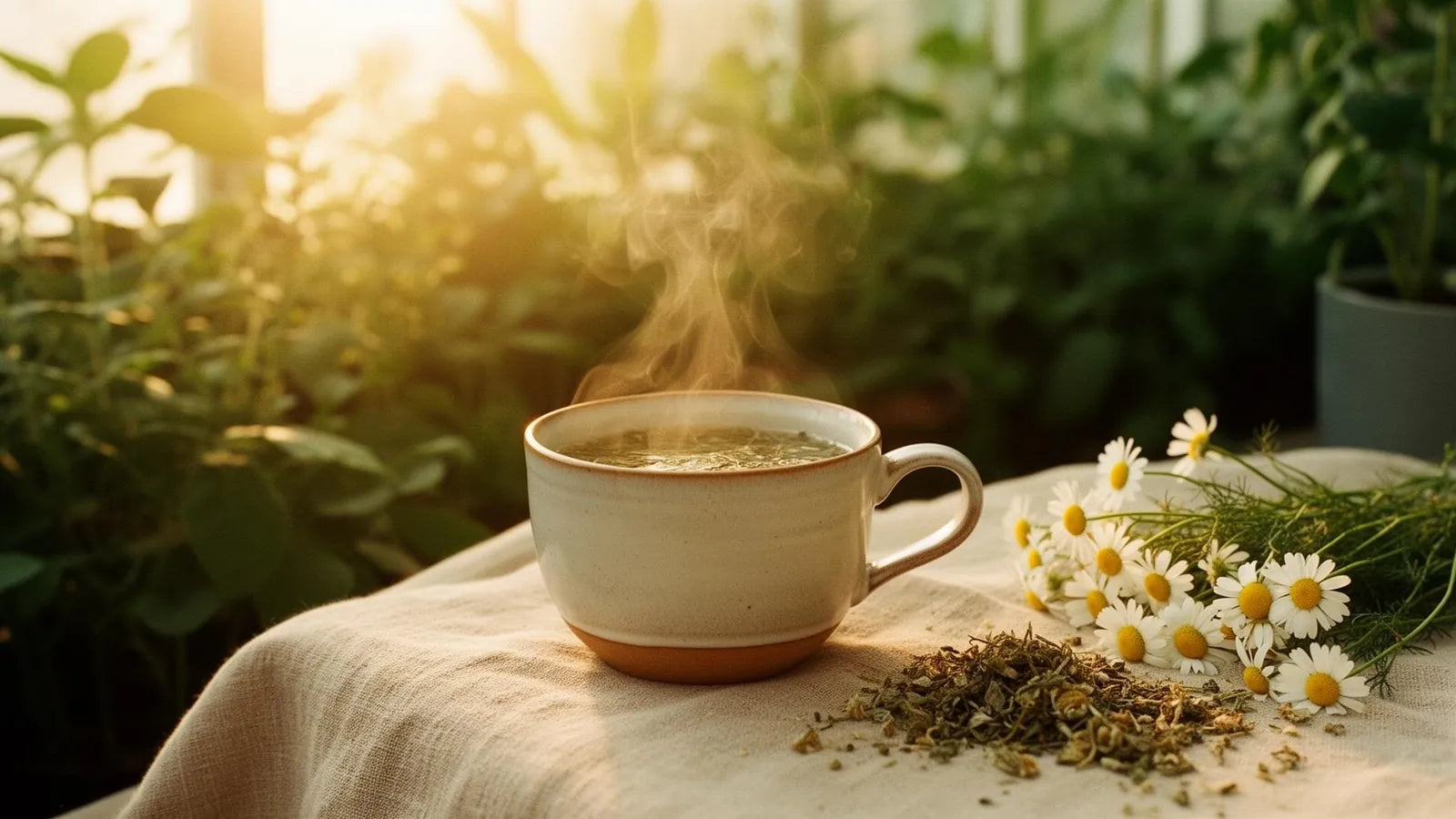Herbal tea with steam rising in warm golden light