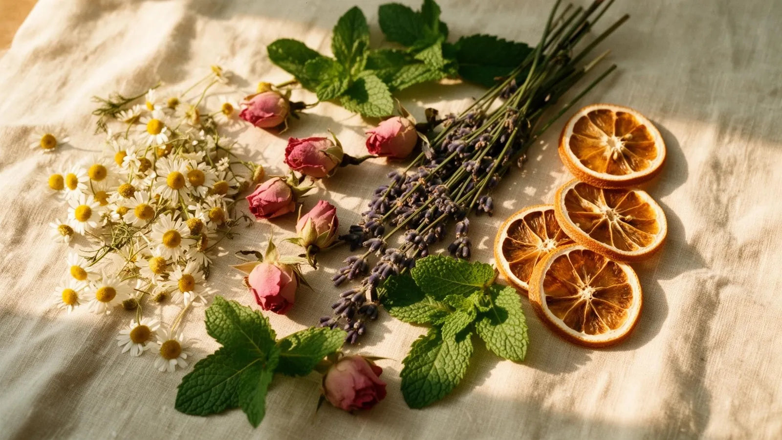 Scattered botanical ingredients - chamomile, rose, lavender, mint, dried citrus