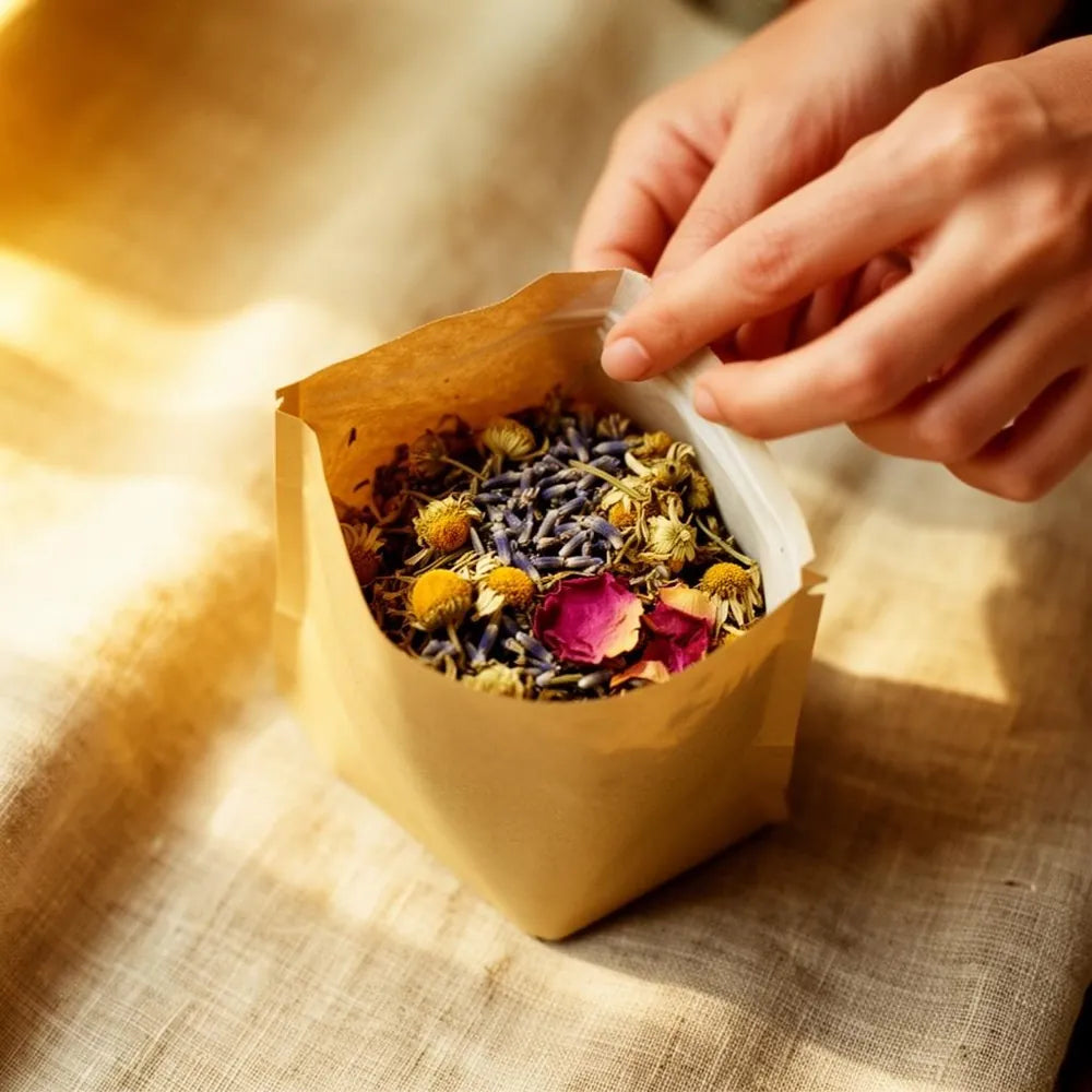 Hands opening a pouch of herbal tea with visible botanicals